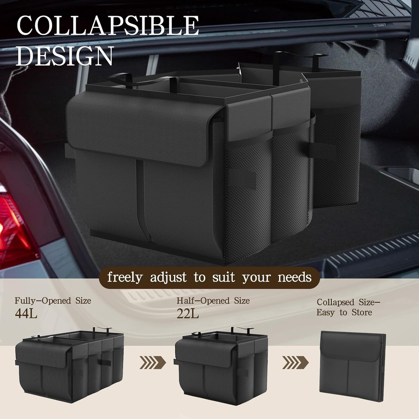 Beicarin Car Trunk Organizer Storage Box - Collapsible Car Boot Organizer Tidy Cargo Storage Box Accessories for SUV, MPV, Van, Size M, Black