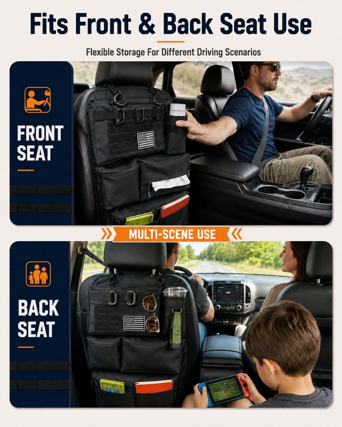Backseat Car Organizer, Tactical MOLLE Seat Back Organizer with 6 Pockets