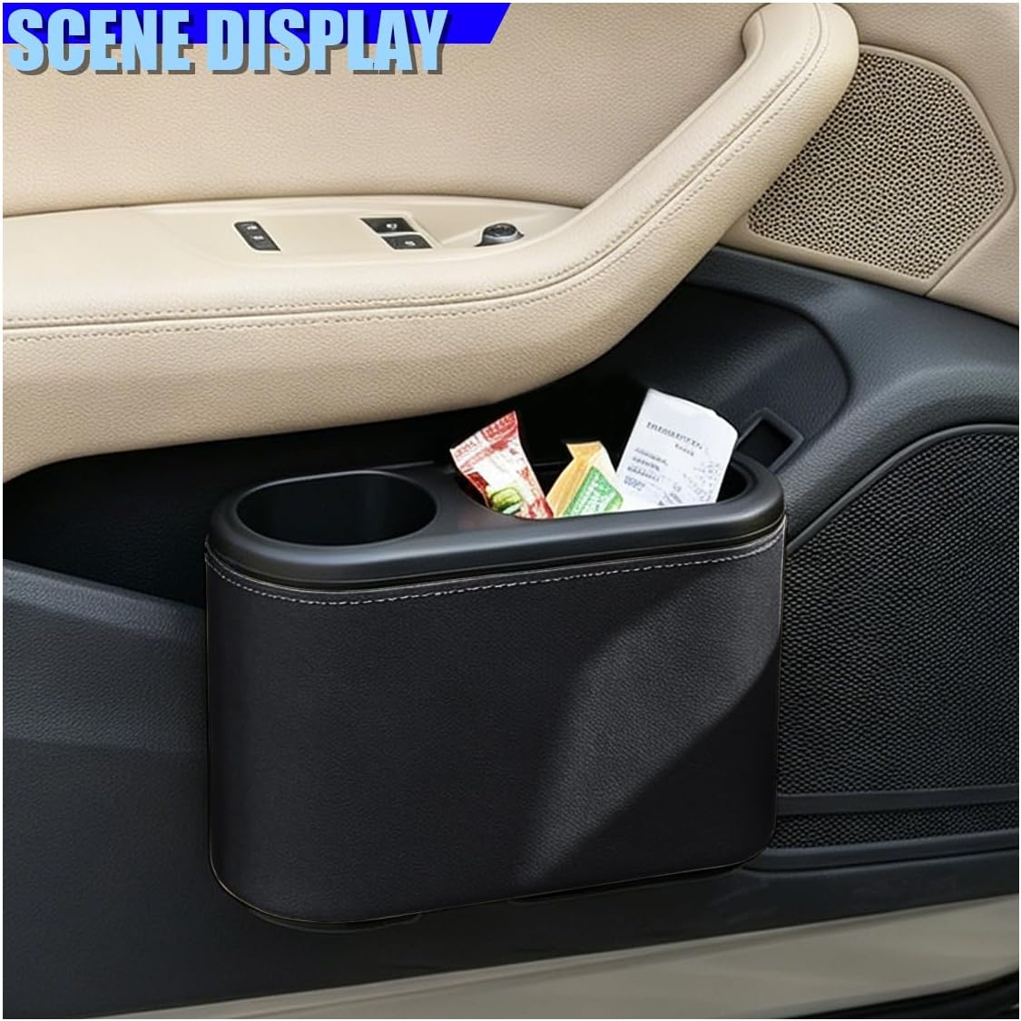 Craedli Car Trash Can with Lid, Leakproof Hanging Garbage Can Car Door Trash Bin with Cup Holder, Multipurpose Auto Interior Back Seat Storage Organizer for Home, Office (Black)