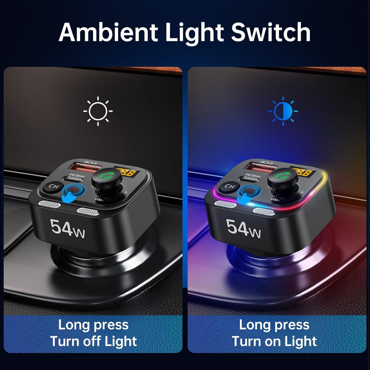 Syncwire Bluetooth 5.4 FM Transmitter Car Adapter 54W with Light Switch