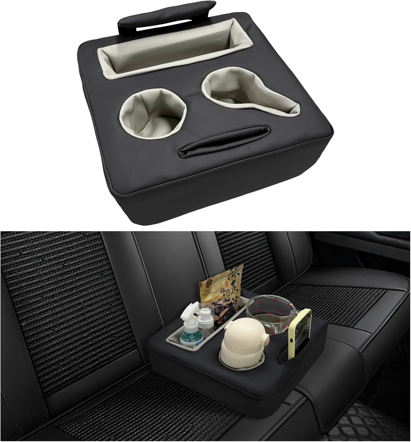 Kewucn Car Back Seat Organizer, Leather Sofa Cup Tray, Waterproof Pillow to Store Drink Snack Phone, Universal Auto Cup Holder for Car, RV, Sofa, Bed (Black)