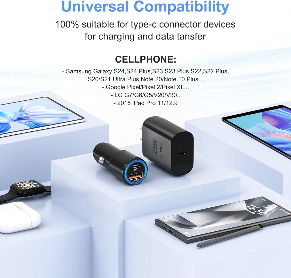 Super Fast Charger TypeC Kit 25W Wall/Car Charger for Samsung Galaxy