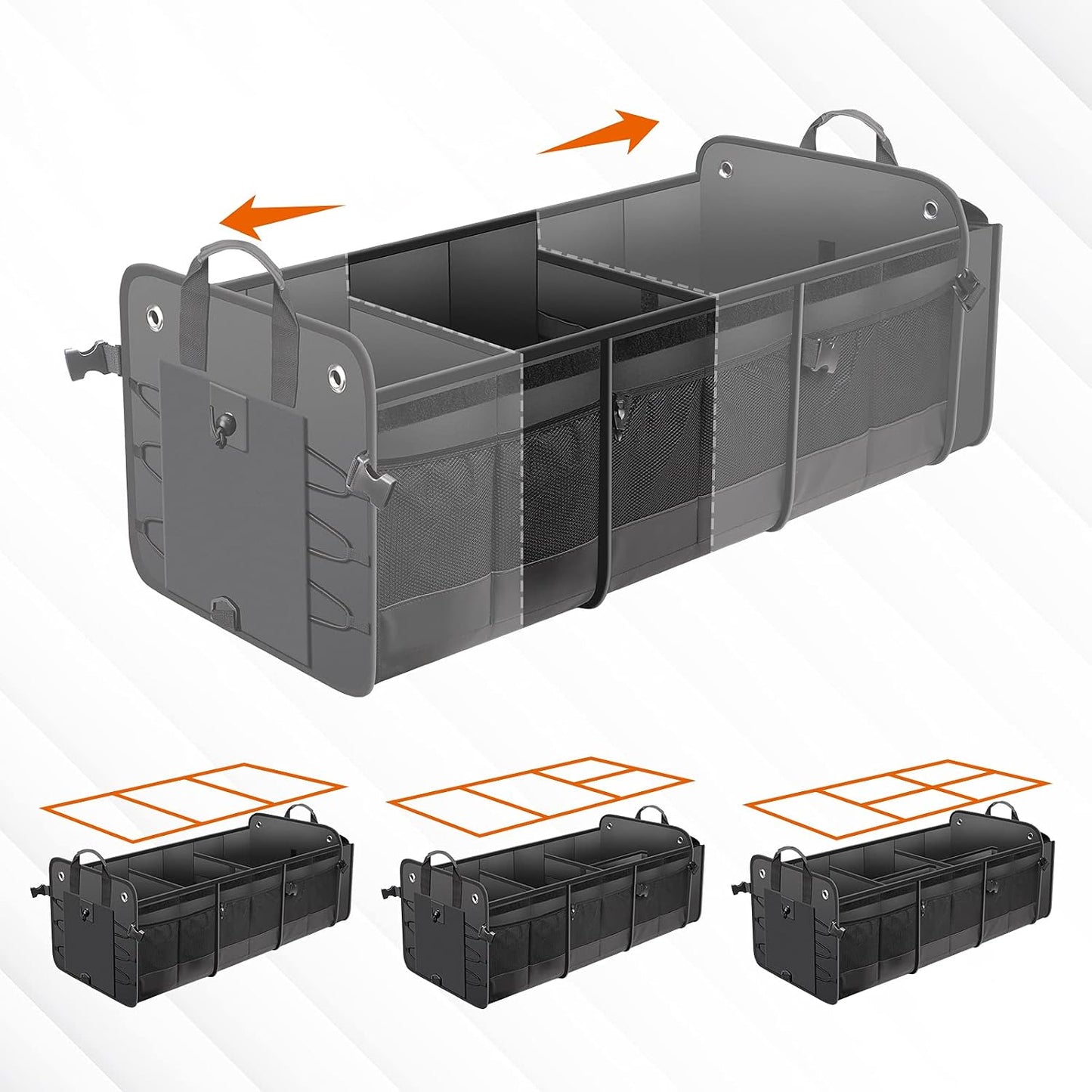 Car Trunk Organizer with Lid & Removable Leakproof Cooler Bag，Foldable Cover,Large Trunk Organizers,Multi-Compartment Collapsible Cargo Storage Organizer for SUV,Van,Truck,Sedan(3 Compartments,Black)