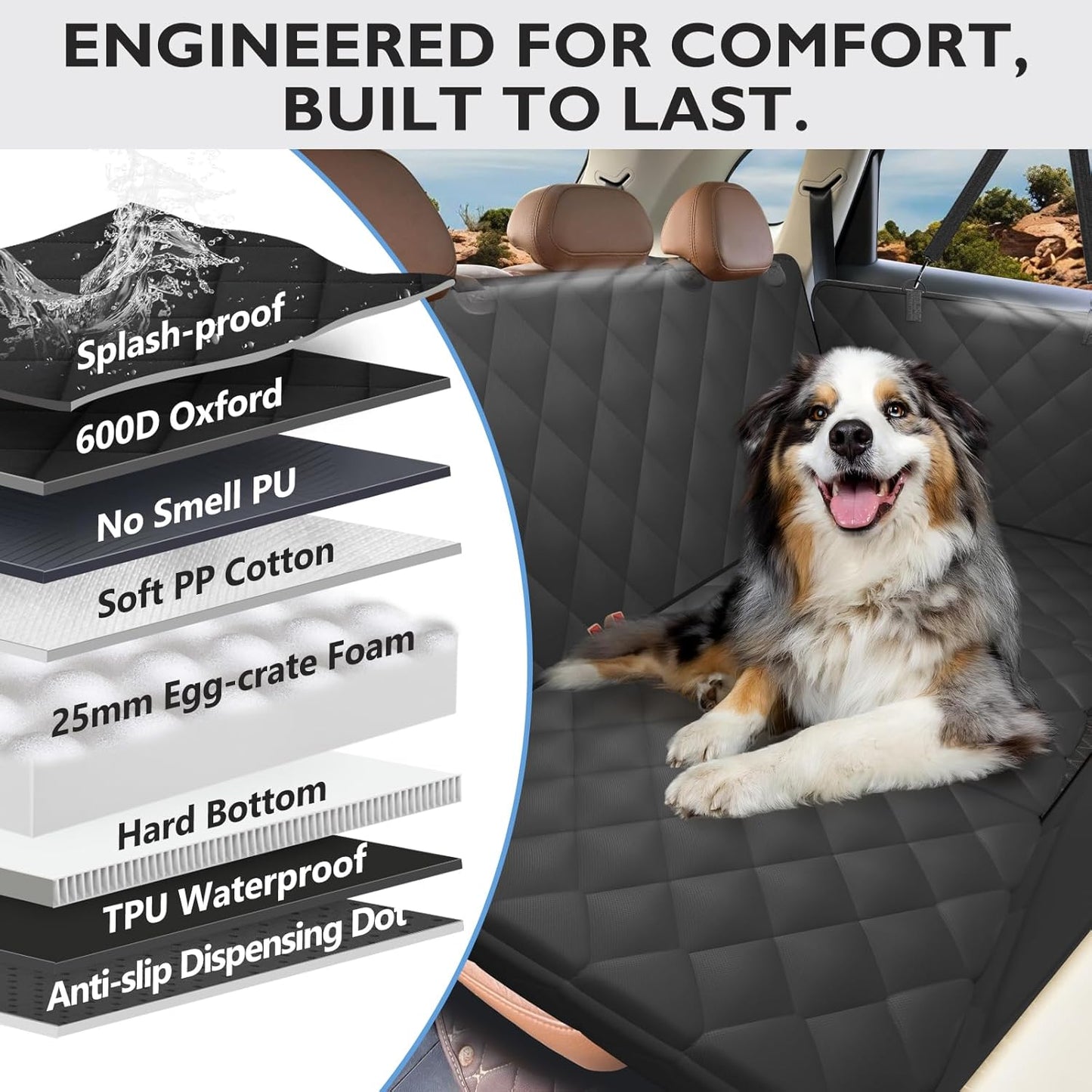 Back Seat Extender for Dogs-Large Space, Hard Bottom Egg Crate Foam Soft Dog Car Seat Cover, Sturdy Backseat Extender for Dogs, Waterproof Pet Car Bed Dog Hammock for Car, SUV, Truck