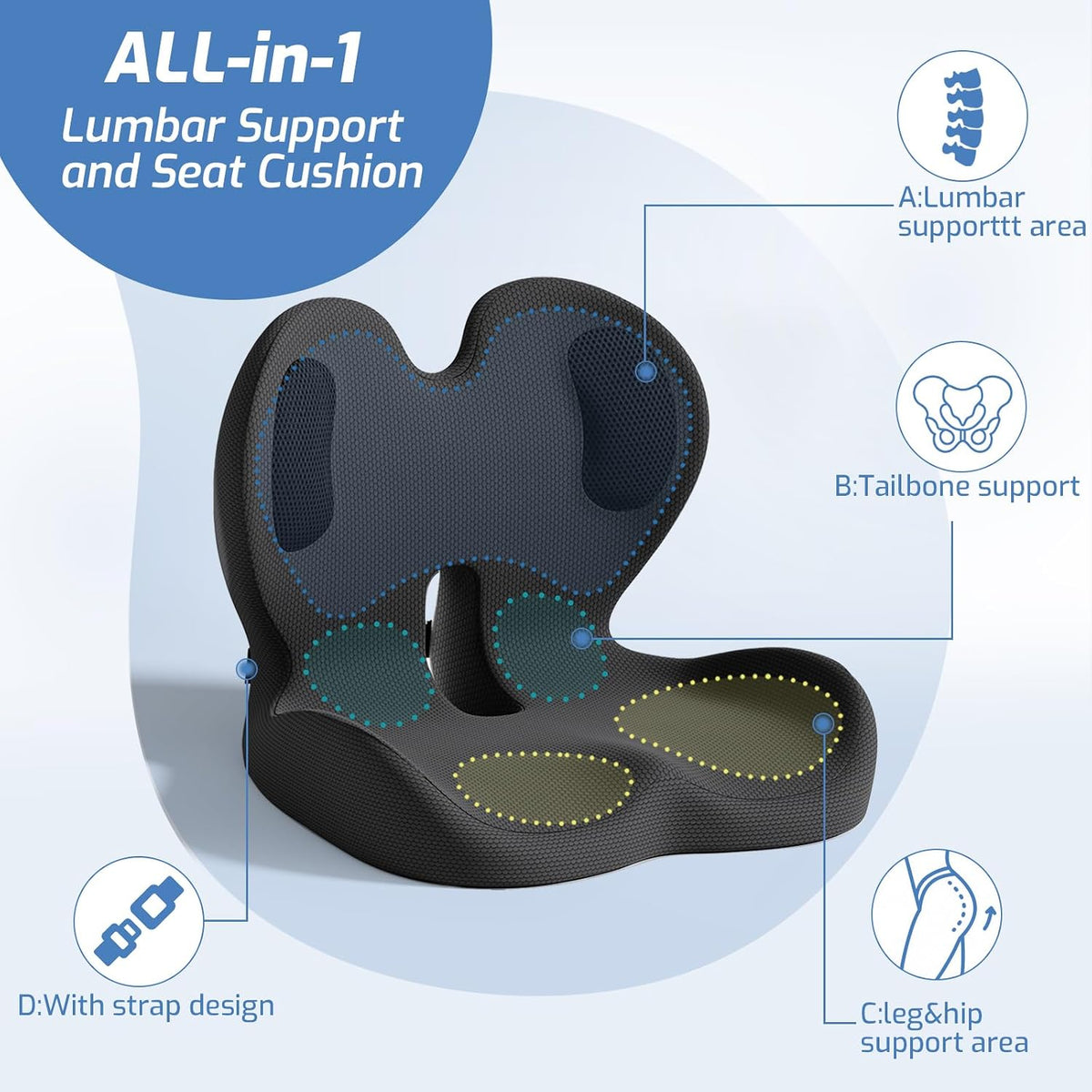 Ergonomic Seat Cushion with Lumbar Support Pillow for Office and Car
