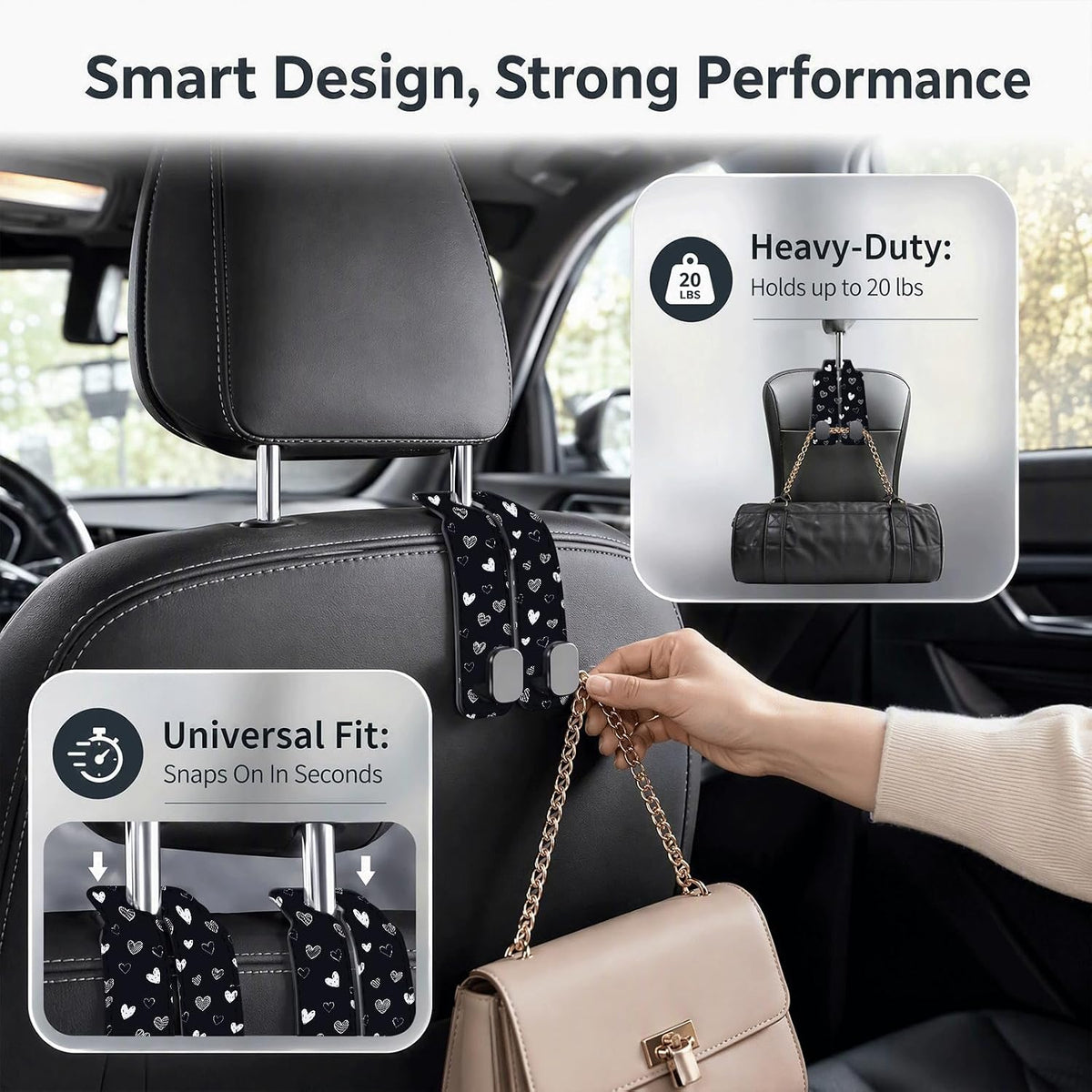 Car Purse Hook Purse Hook for Car Seats Headrest Car Seat Hook, Universal Cute Car Hanger Holder, Car Interior Accessories for Handbags Black Cute Heart
