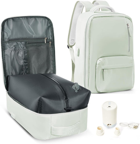 Vacuum Seal Backpack for Travel with Air Pump Vacpack Carry on Flight Approved Compression Daypack Laptop Space Saver Bags Storage with Vacuum System 18x14x8 inches Travel Bag Women MintGreen