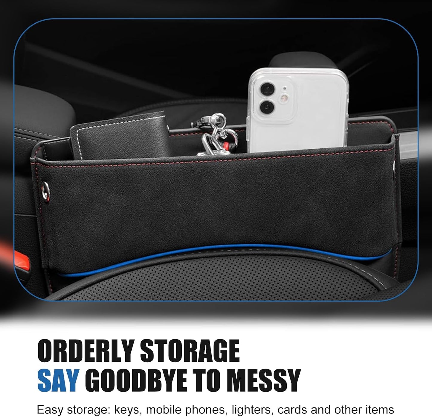Car Seat Gap Filler Organizer, Leather Seat Storage Box with Cable Port, Anti-drop Multi-functional Center Console Organizer for Phone Key Card, Side Gap Filler for Most Cars (Black)