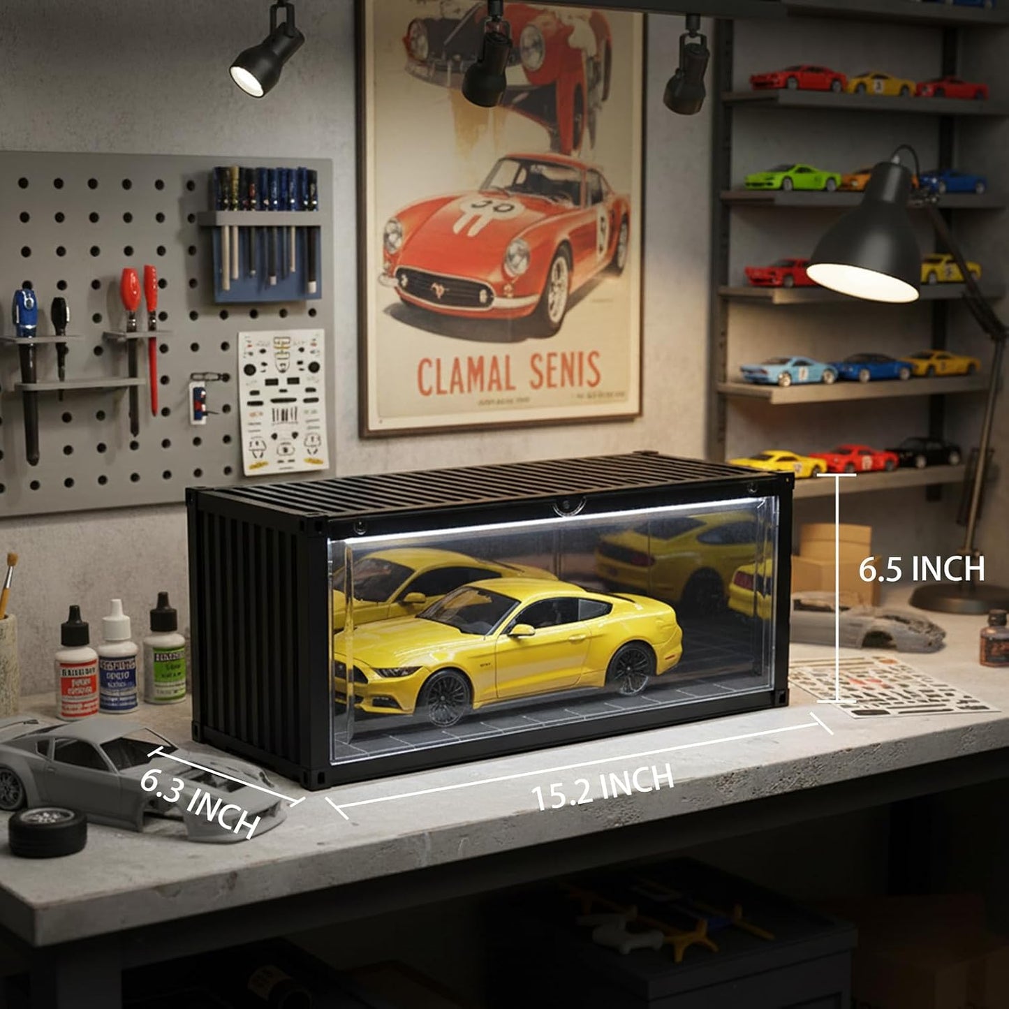 Display Case with LED Light for 1/18 Scale Model Car | Shipping Container Style Garage Diorama Show Case - Modern Mirror Reflective Interior, Grid Floor Showroom Design, Stackable
