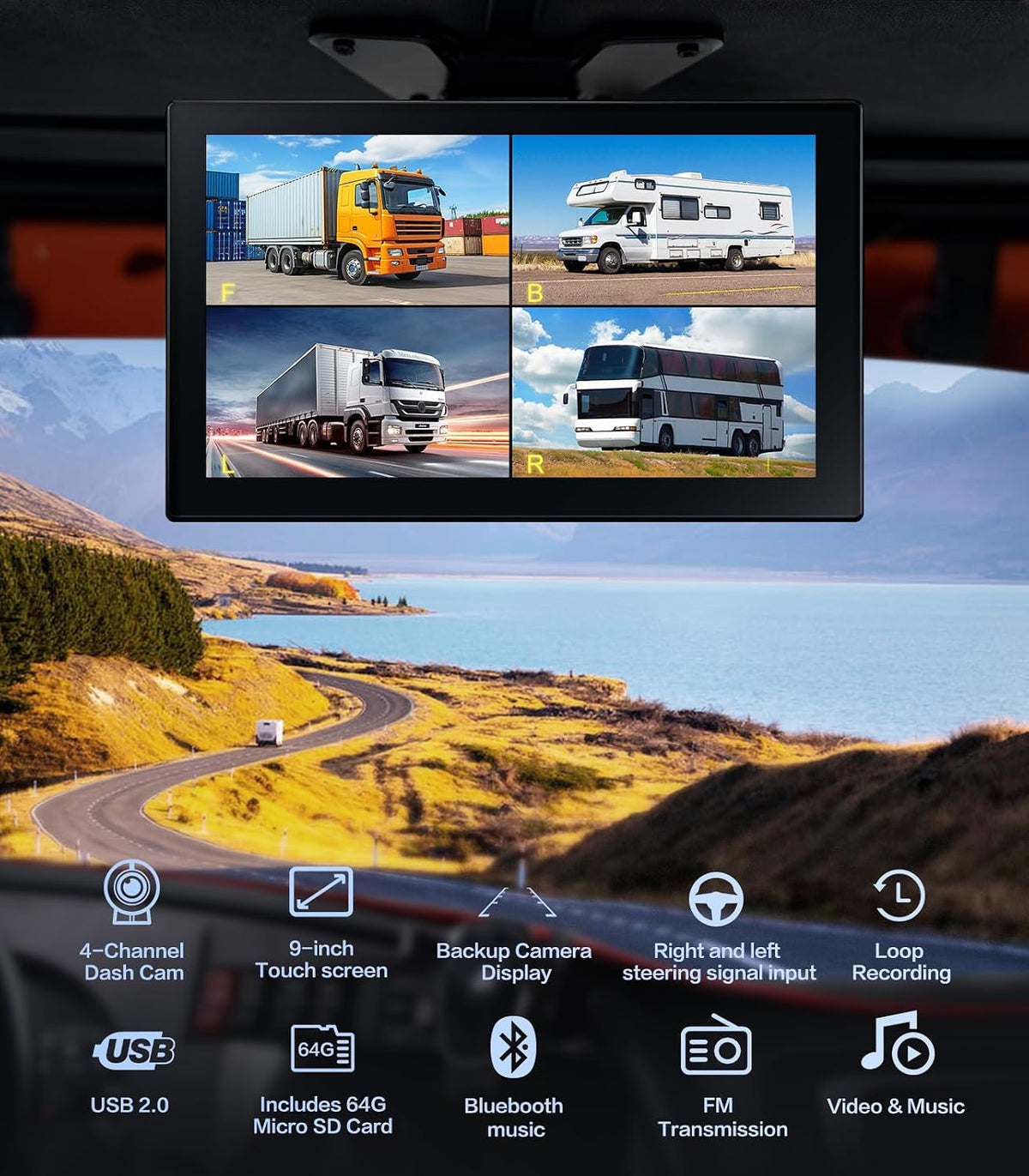 4 Channel 1080p Backup Camera System Dash Cam for RV/Truck/Trailer/Bus/Cars