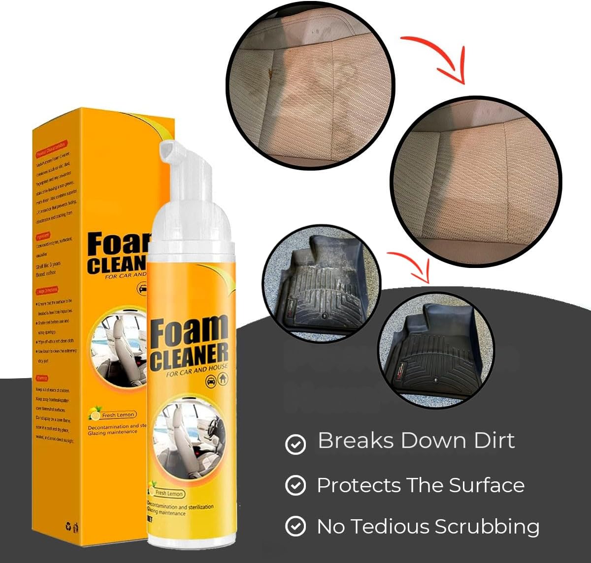 Foam Cleaner – Multi-Purpose All-Surface Cleaner for Car Interior & Household Use – Upholstery, Leather, Plastic, Fabric & Hard Surfaces – Easy Spray & Wipe Formula