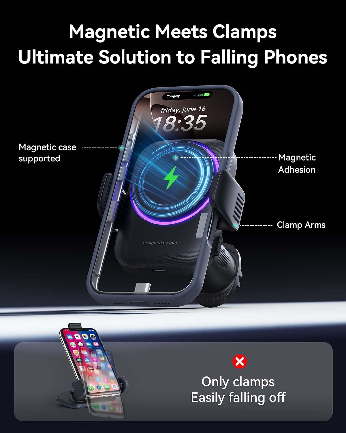 INIU 3-in-1 Magnetic Wireless Car Charger- Extra Clamp for Bumpy Road, Cooling Fan to Extend Battery Life, Original Qi2 Certified 15W Fast Charging for iPhone 12-17 Series Car Charger Holder, Purple