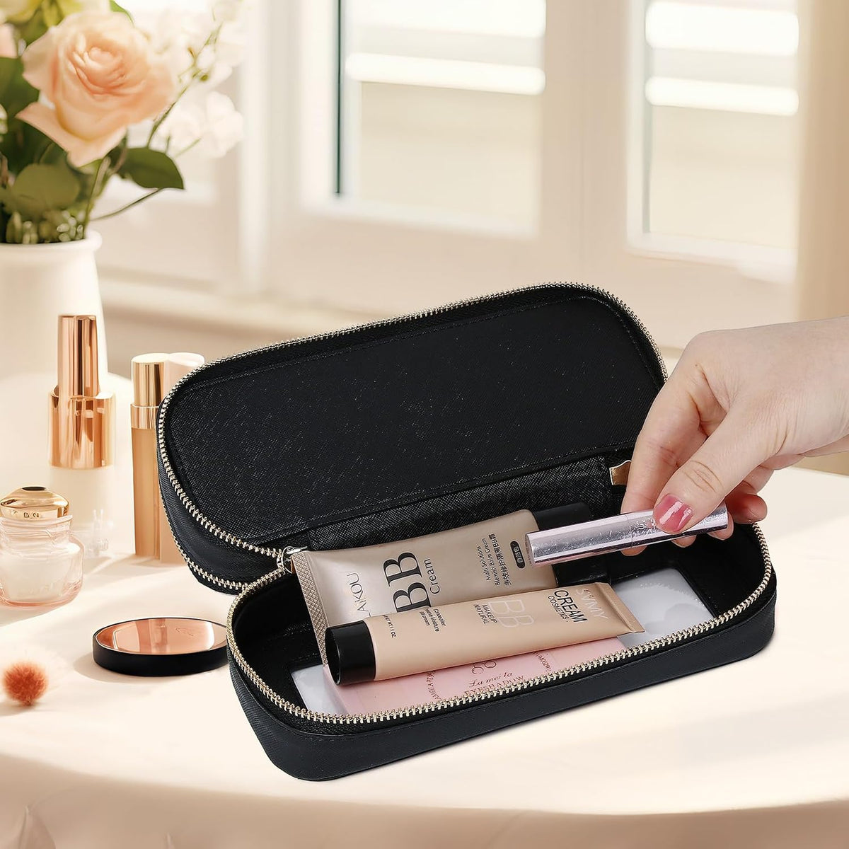 Pinkmik Double Layer Makeup Bag, Black, Double SLIM