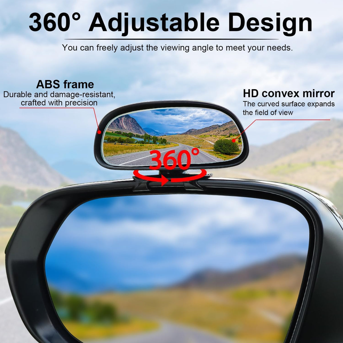 LivTee Blind Spot Mirror, HD Glass Frameless Convex Rear View Mirrors Exterior Accessories with Wide Angle Adjustable Stick for Car SUV and Trucks, Black