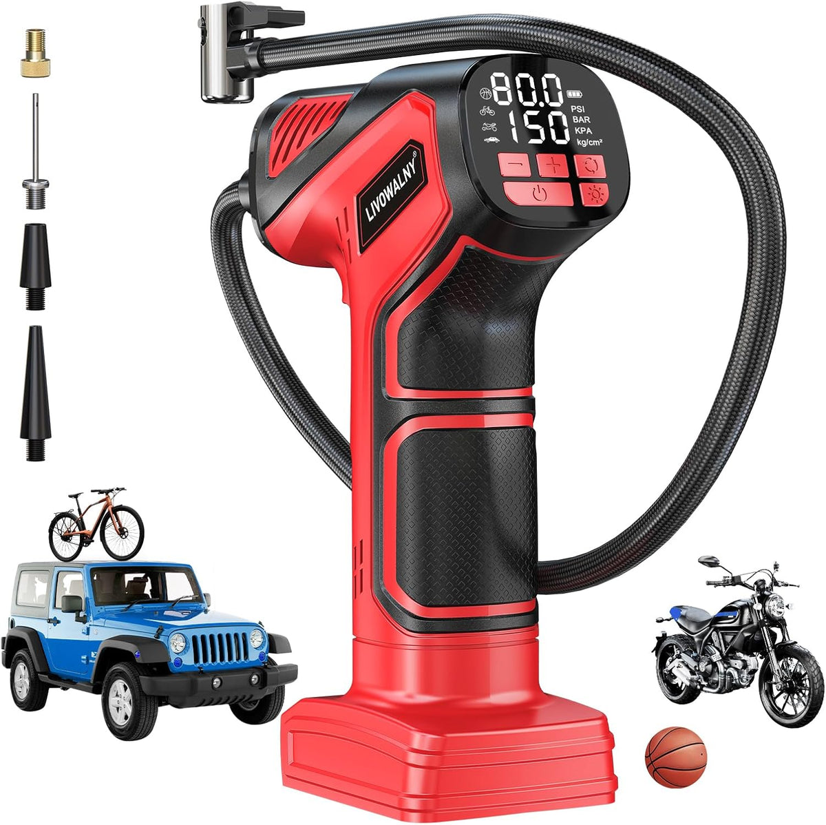 LIVOWALNY Tire Inflator Portable Air Compressor Compatible with Milwaukee 18V Battery, 150PSI Air Pump Cordless Tire Pump Digital Pressure Gauge, Tire Inflator for Car, Bike, Motorcycle (Tool Only)