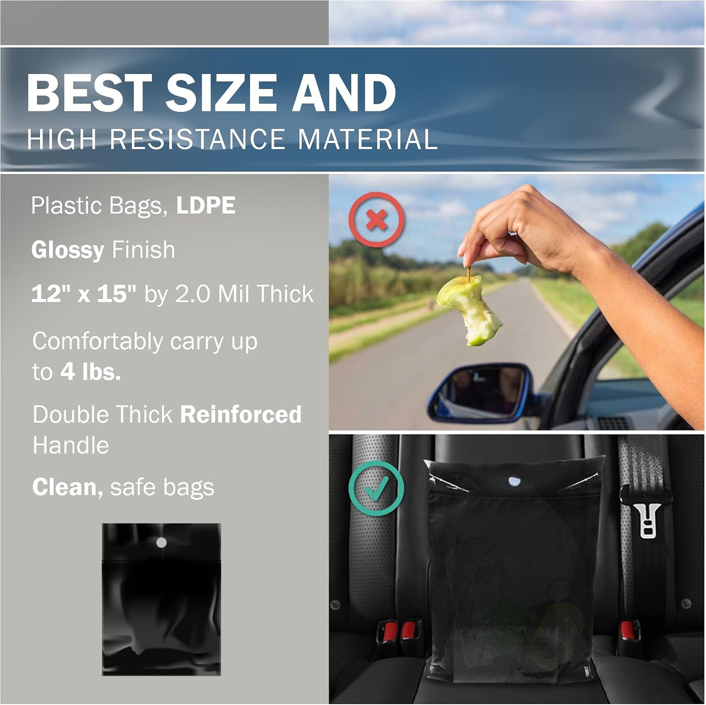 12x15 Black Disposable Car Trash Bags, Leak-proof, Medium Size, 50 Pack, 2 Mil Thick, with Die-Cut Handles by PPB