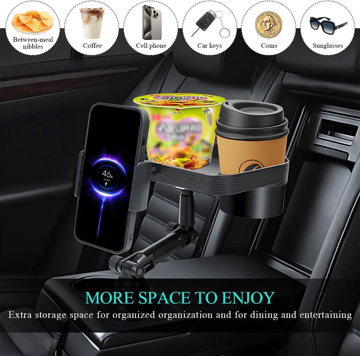 Car Cup Holder Tray, 3 in 1 Detachable Auto Cup Holder Tray Food Table with Phone Stand, Multi-Functional Cup Holder Anti-Slip Tray with Phone Holder, Car Accessories