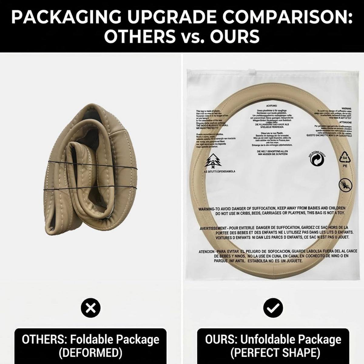 General Cowhide Steering Wheel Cover Heat Resistant Anti-Slip Car Wheel Wrap Compatible with Most Makes and Models of Cars and SUVs with 14.5 to 15 Inch Beige