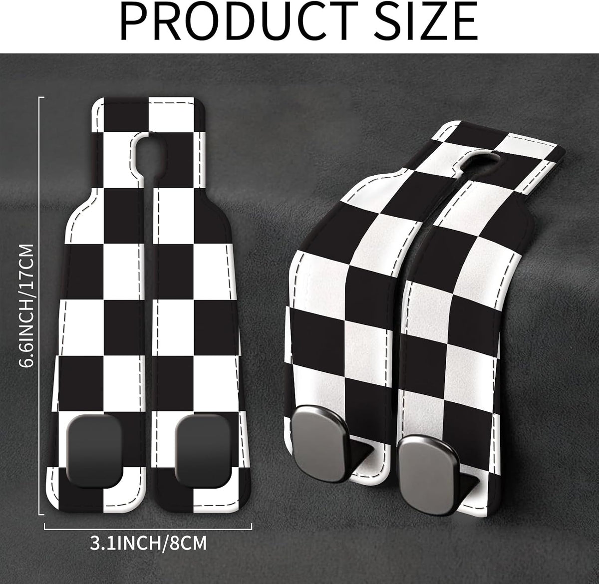 Car Seat Back Storage Headrest Hook, Premium Leather Double Metal Hook, Hanger Storage Organizer for Purse Cloth Bag, Car Interior Accessories Black White Plaid