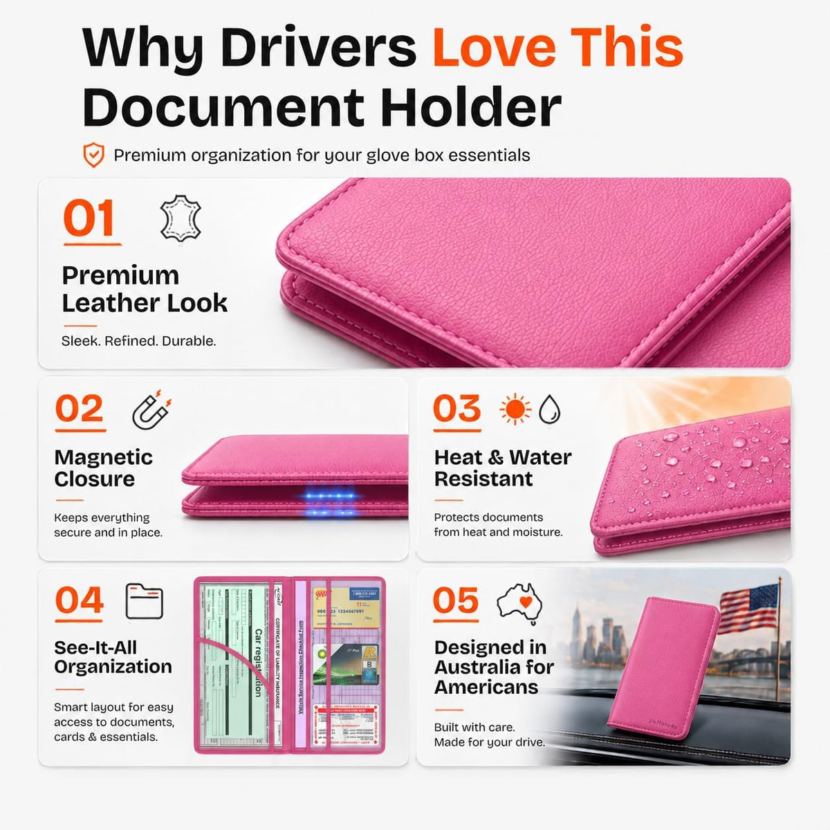 Car Registration and Insurance Card Holder, Pink Premium PU Leather Folder