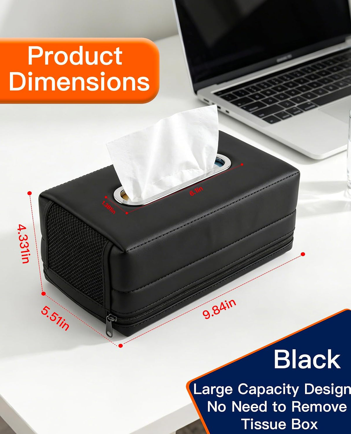 Large Car Tissue Holder PU Leather Organizer with 2 Mesh Pockets