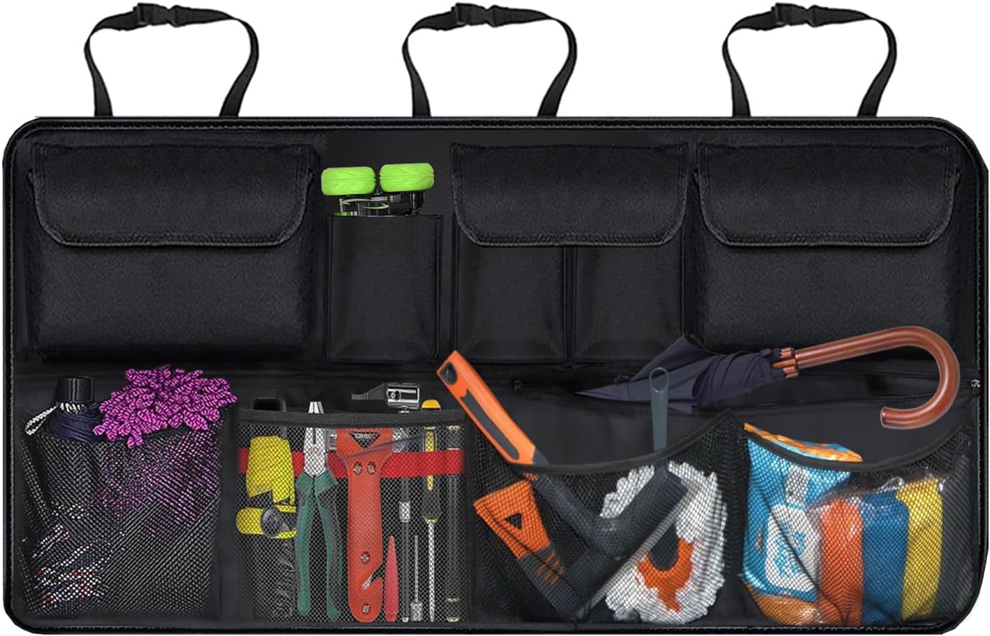 Car Trunk Organizer with Lid, SUV/Truck Compatible, Large Capacity, 6 Pockets &amp; 3 Mesh Pouches