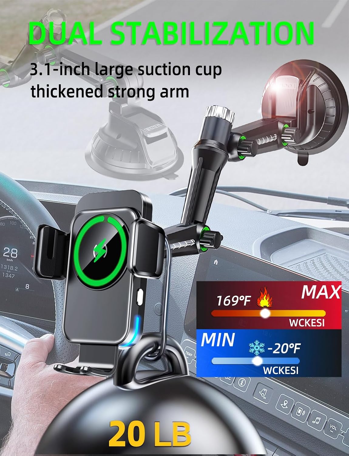 Wireless Car Charger Phone Holder Mount for Truck, 15W Fast Charging