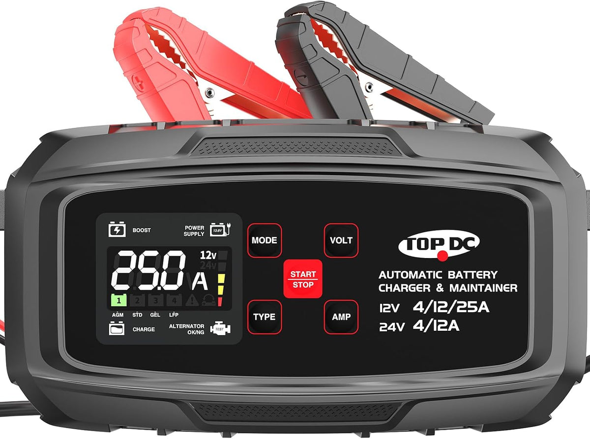 TOPDC 25A 12V/24V Smart Battery Charger & Maintainer for Lead-Acid/LFP