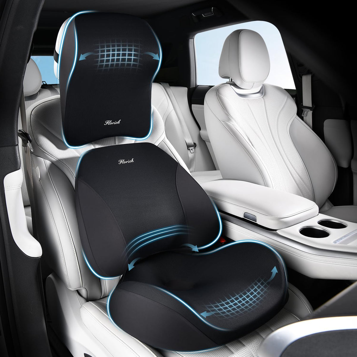 FLORICH Upgraded 3-in-1 Memory Foam Car Seat Cushion Set with Lumbar Support & Neck Pillow, Washable Driving Seat Cushion for Back & Sciatica Pain Relief, Non-Slip Seat Cushion for Car, Office-Black