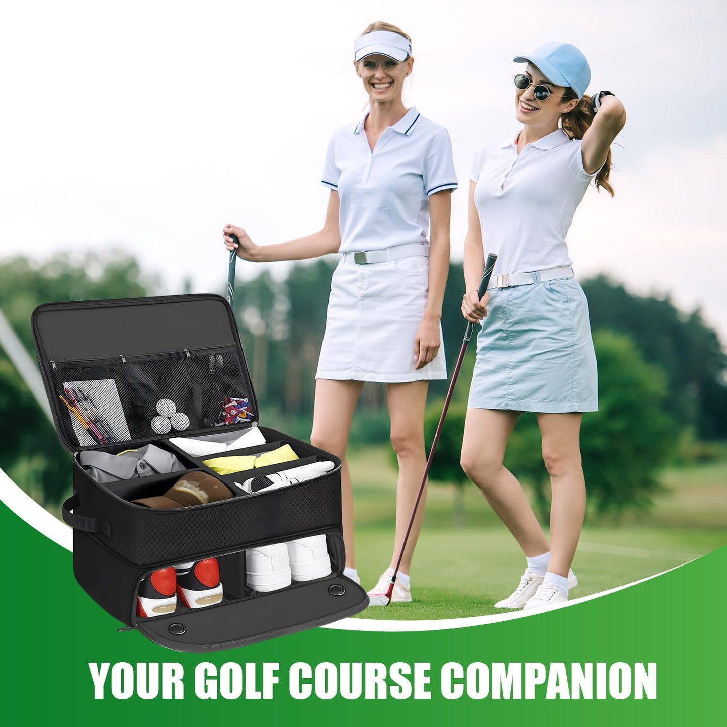 Golf Trunk Organizer 2 Layer with Separate Compartment for 2 Pair of Shoes, Golf Bag Storage for Car, Waterproof,Trunk Locker for Balls, Tees,Gloves