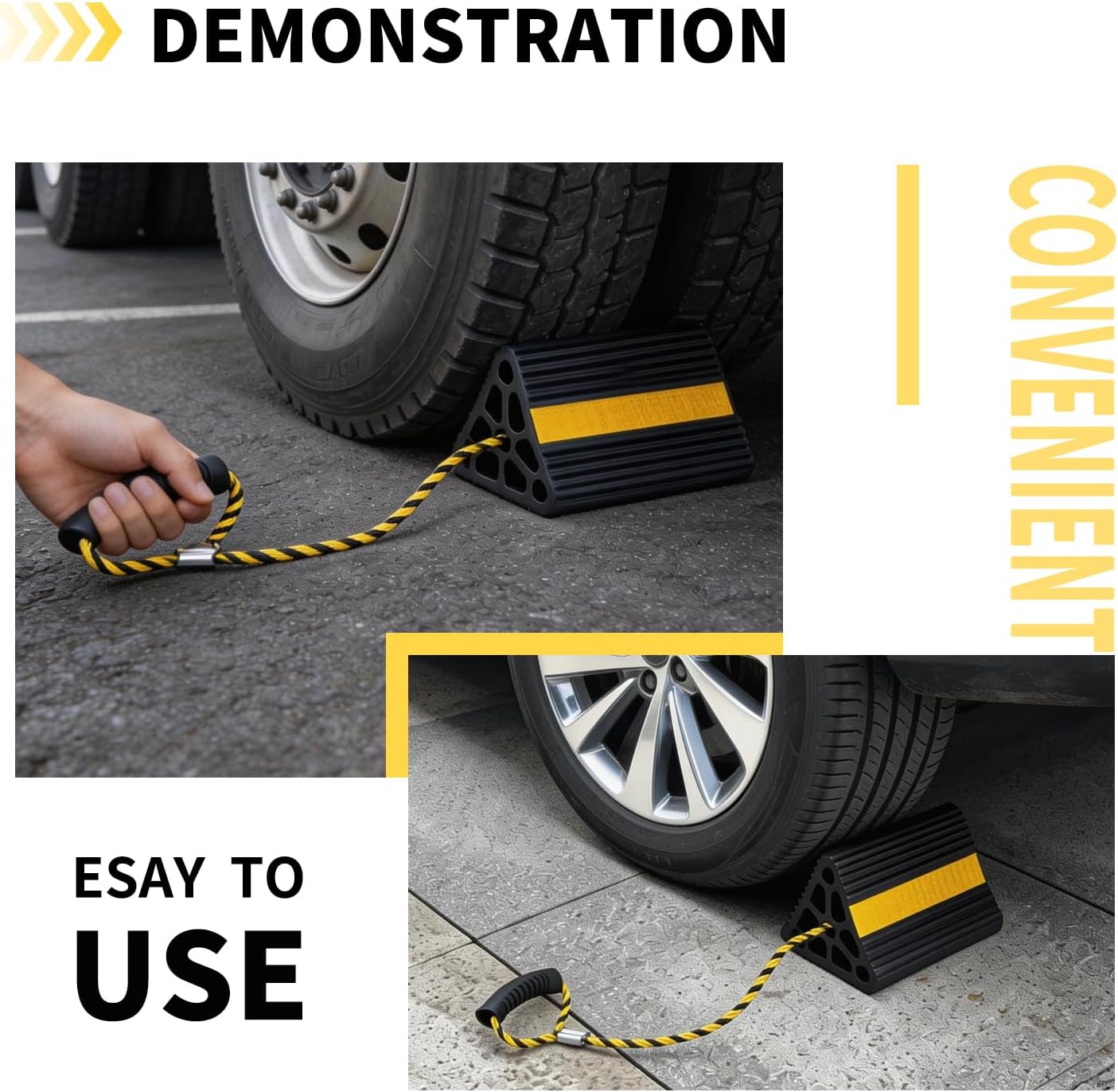 Vacallity Update Wheel Chocks for Trailer 4pc Heavy Duty Rubber Wheel Chocks with seprate Handle Rope&Yellow Reflective Tape Tire Chock Blocks for Cars Trucks Aircraft RV Camper Trailer Accessories