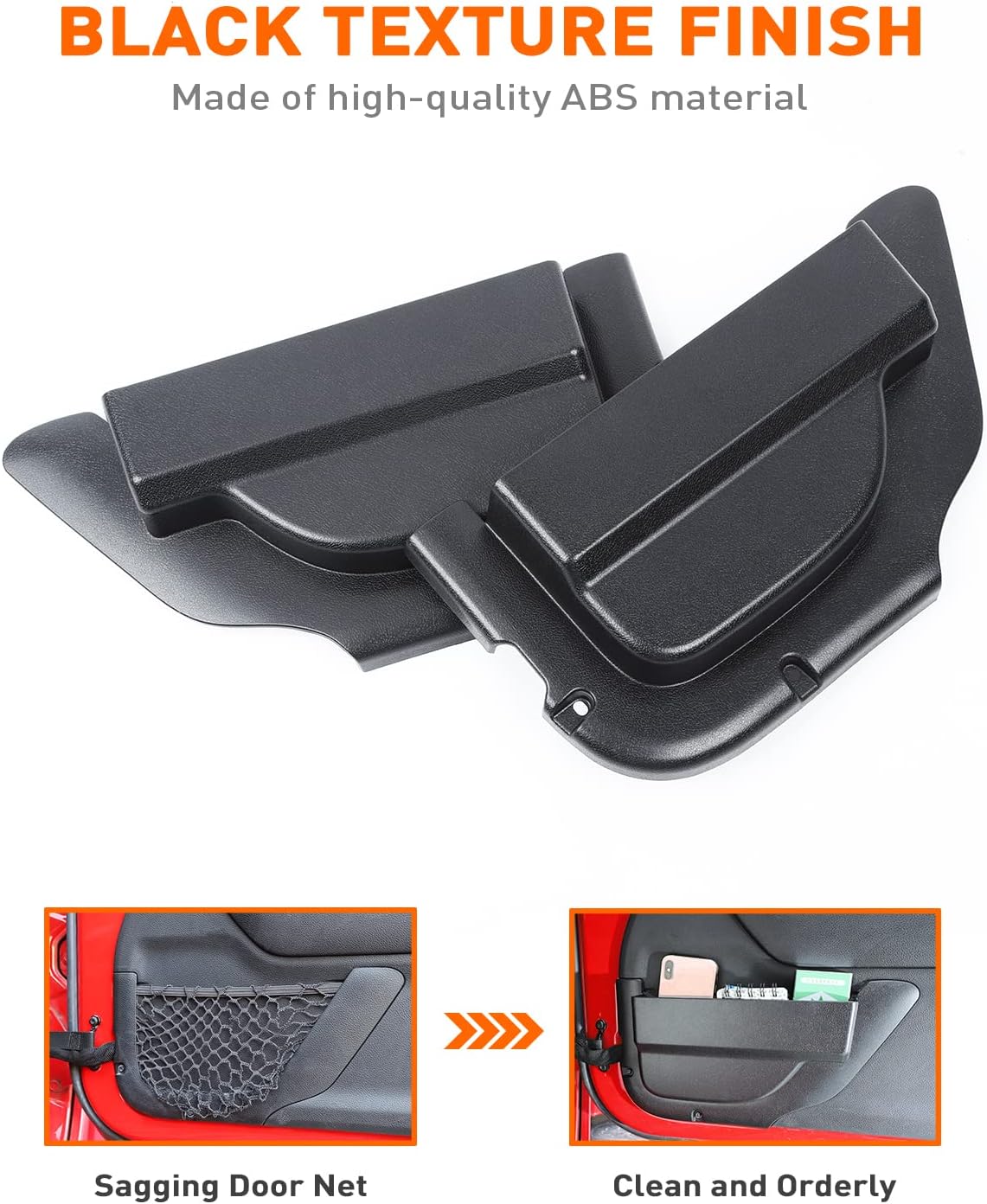 Savadicar DP4 Front Door Storage Pockets Without Cup Holder, Side Insert Box Organizer for 2011-2018 Jeep Wrangler JK JKU 2/4 Door, Interior Expansion Accessories, Patented Design, Black, 2 PCS