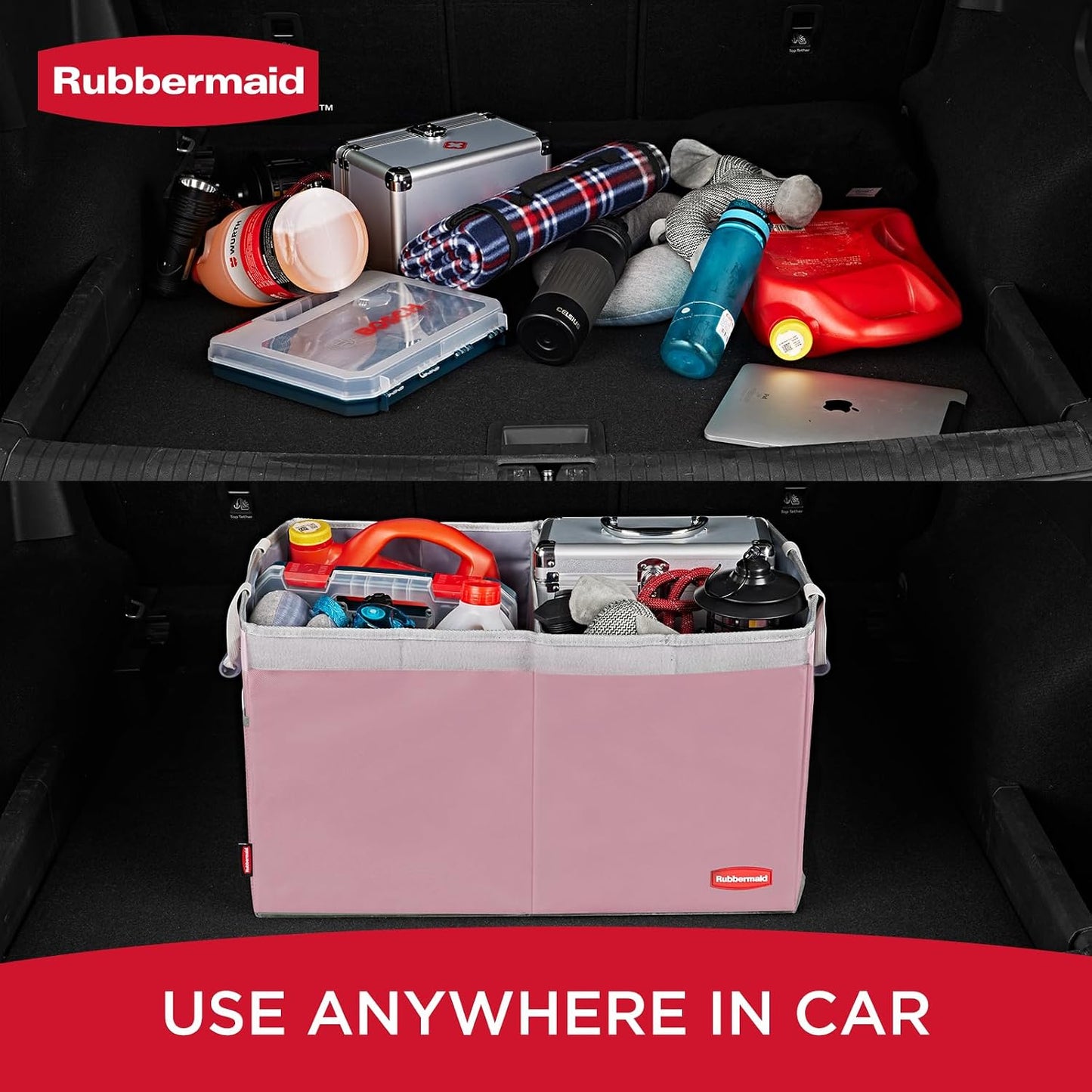 Rubbermaid Car Organizer, Collapsible Trunk Organizer, Multi-Compartment Car Storage Organization for Car Accessories, 2 Compartments With Cover, 21.65"*14.17"*12.2" - Pink