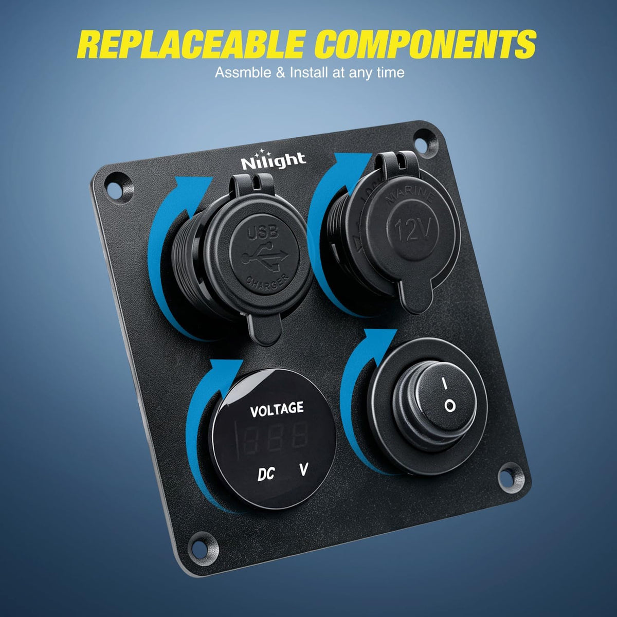 Nilight 4 in 1 Toggle Switch Panel Blue Power Outlet USB Charger Voltmeter