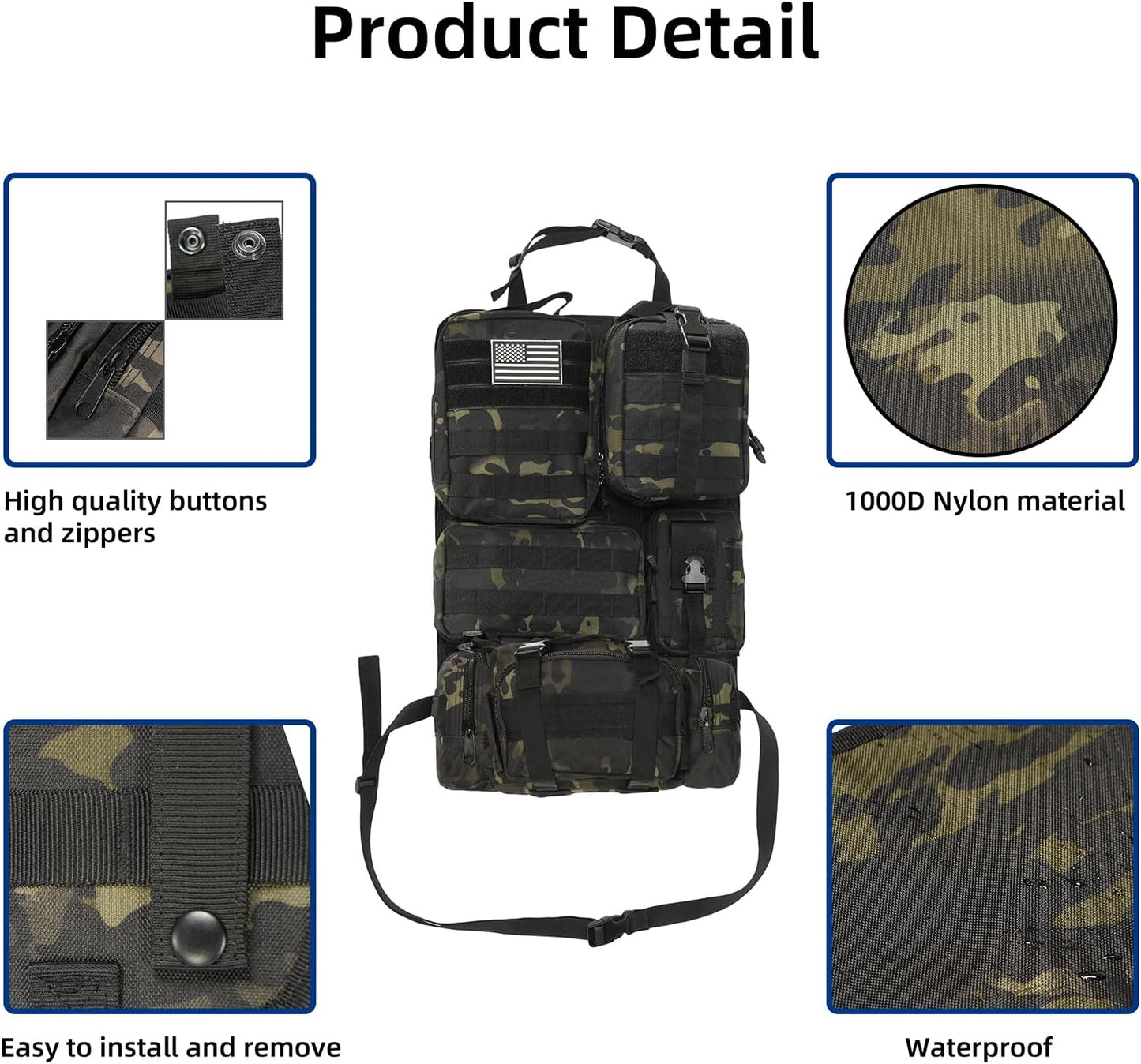 Tactical Car Seat Back Organizer,Tactical Molle Seat Back Organizer with 6 Detachable Molle Pouch,Universal Fits for Car Truck Jeep Vehicle