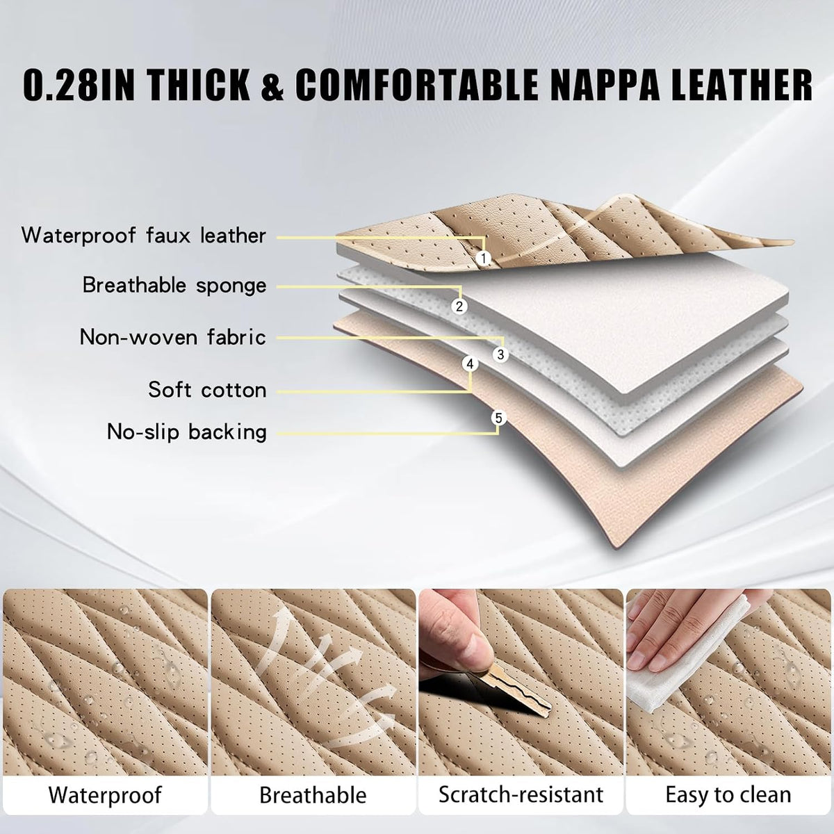 WELLDO Nappa Faux Leather Car Seat Covers Full Set, 5Seats,Beige