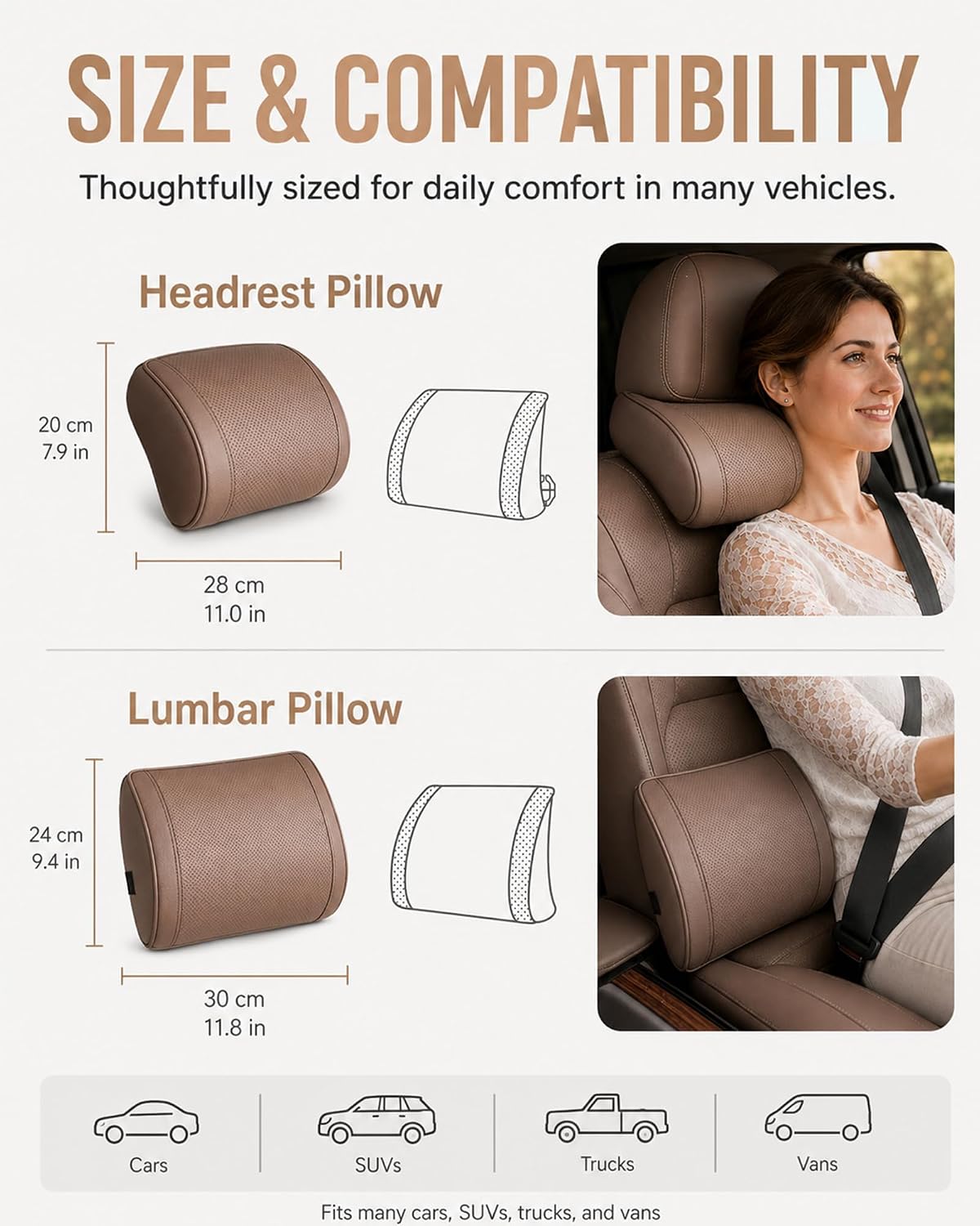 Ergonomic Headrest and Lumbar Support Set for Car Seats, Breathable Perforated Leather Car Pillows, Luxurious Memory Foam Neck Pillow for All Cars, Eases Neck Fatigue for Long Driving(Amber)