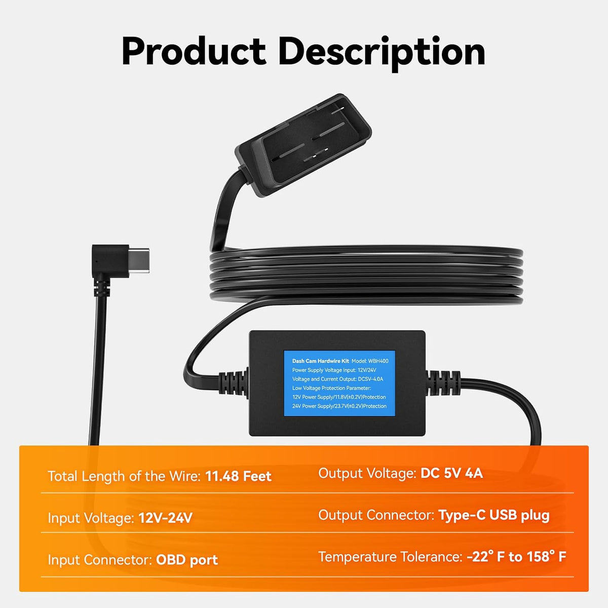 WOLFBOX USB C 4A OBD Hardwire Kit 11.48ft for All WOLFBOX Dash Cams, Converting 12V-24V to 5V, with Battery Drain Protection