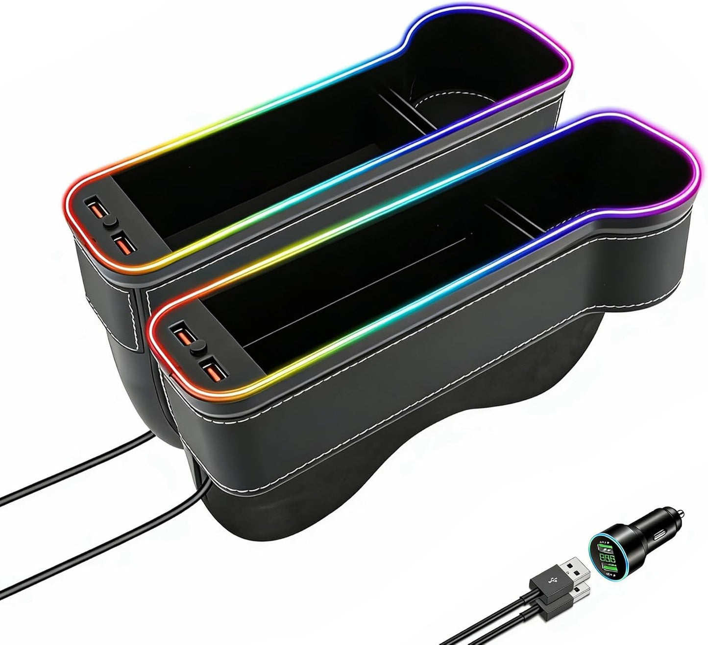 2 Pack Car Seat Gap Organizer,Multifunctional Seat Gap Storage Box with USB Fast Charger, Car Seat Pockets with Led Light, Car Seat Gap Filler with Cup Holder (Black)