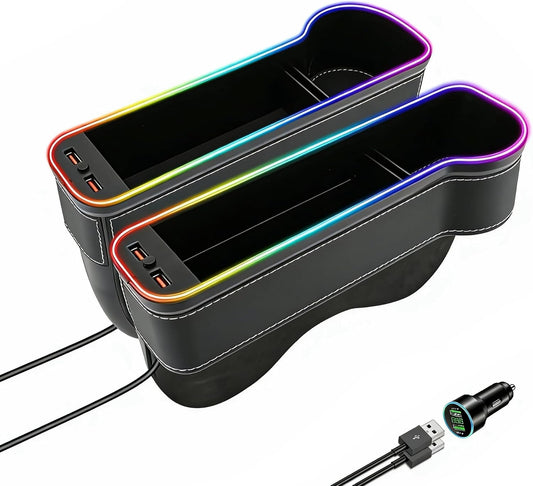2 Pack Car Seat Gap Organizer,Multifunctional Seat Gap Storage Box with USB Fast Charger, Car Seat Pockets with Led Light, Car Seat Gap Filler with Cup Holder (Black)