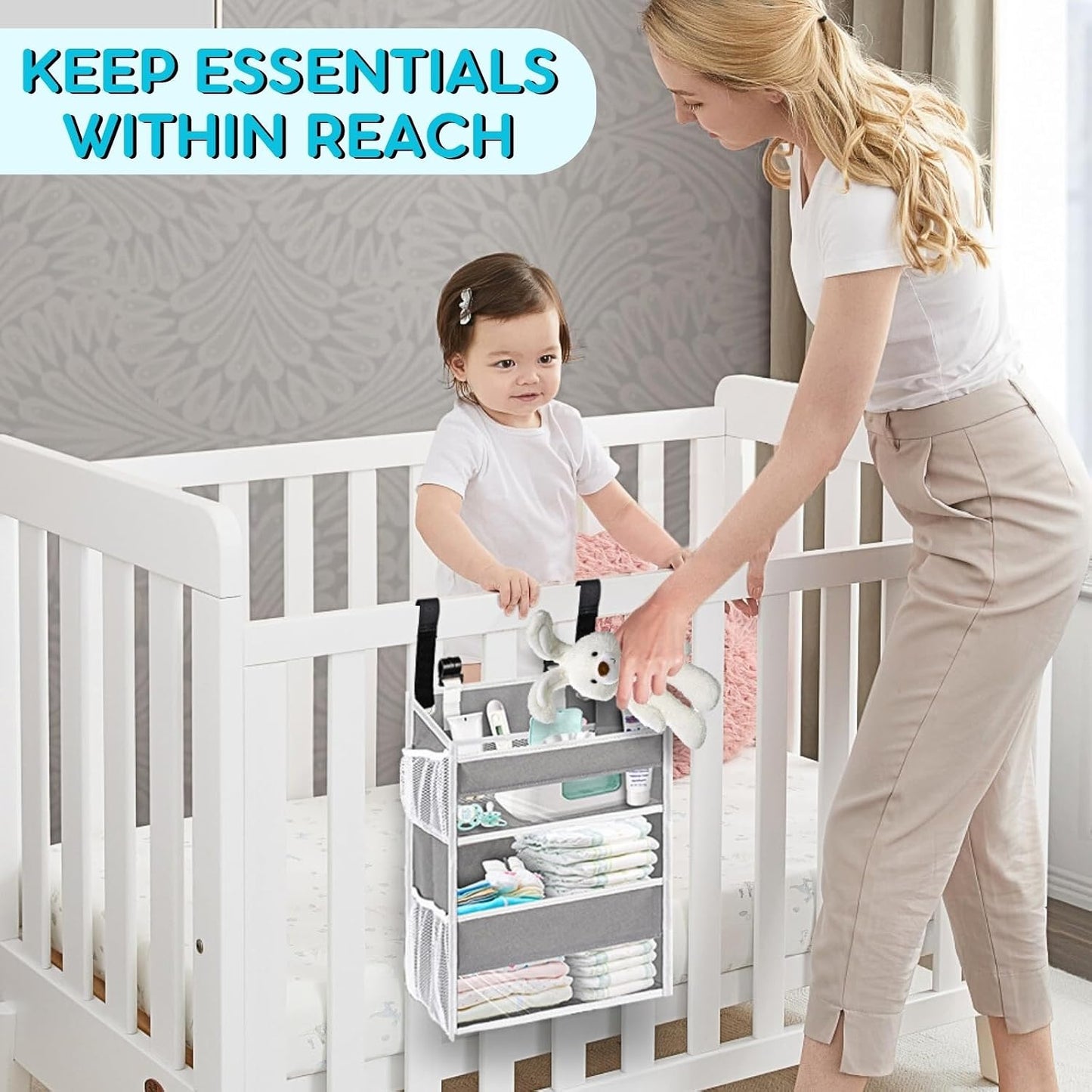 Hanging Diaper Organizer, 2 Tier Hanging Diaper Caddy, Holds 90+ Diapers | Durable Diaper Organizer for Changing Table,Cribs,Car,Playard or Wall & Nursery Organization, 4 Mesh Pockets, Won't Deform