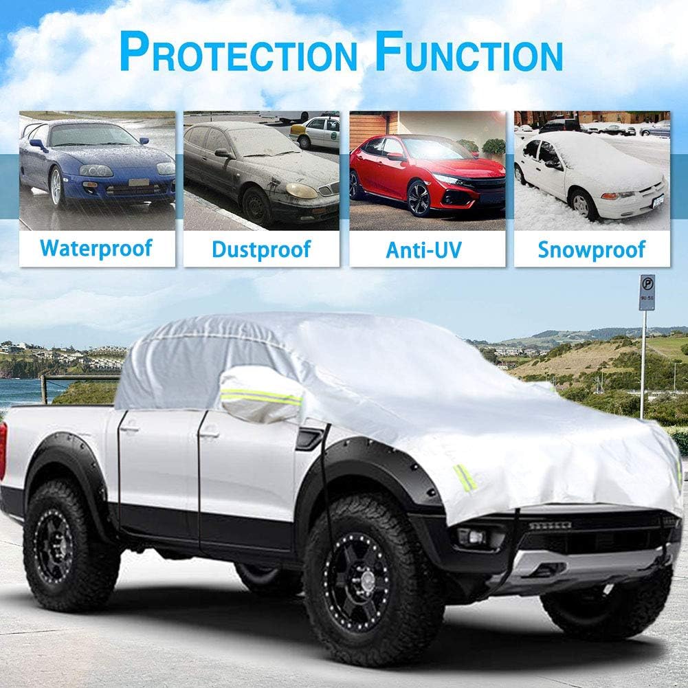 Half Car Cover with Cotton All Weather Car Body Covers Outdoor Indoor for All Season Waterproof Dustproof UV Resistant Snowproof Universal (Pickup (Crew Cab))