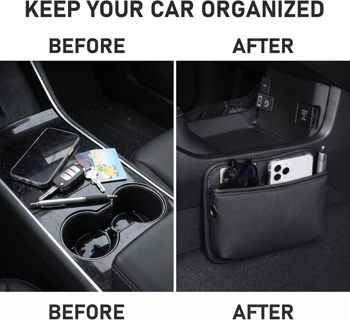 2 PCS Car Seat Side Pocket Organizers, Multifunctional Leather Pouch Bag, Console Side Organizer Bag, Universal Storage Bag for Most Auto (Black)