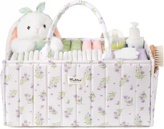 Maliton Diaper Caddy Organizer with 2 Side Pockets, Portable, Purple Floral | with Handle and Removable Dividers, Nursery Storage Basket, Car Organizer for Diapers & Wipes. Boy & Girl Shower Gift