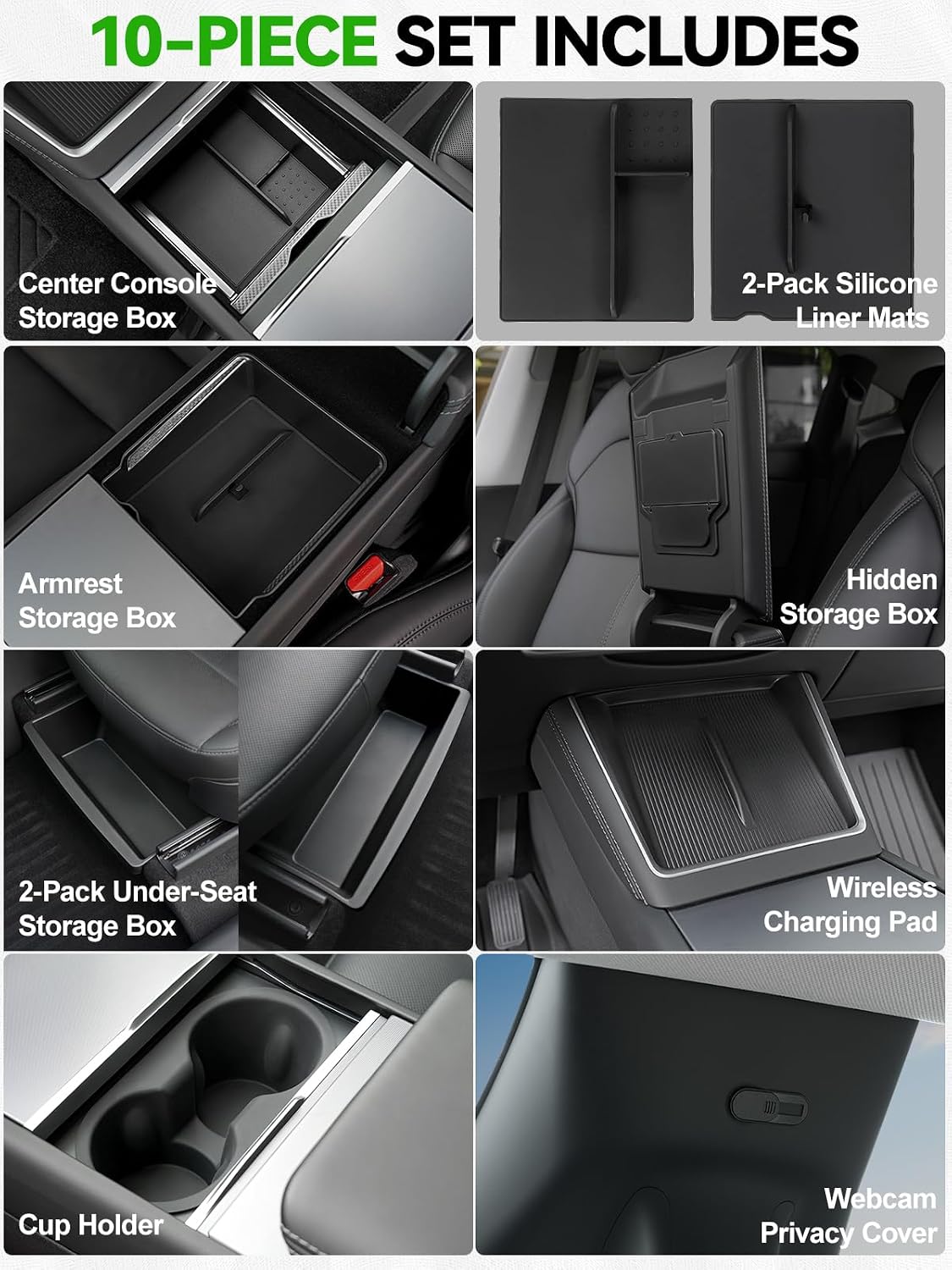 10PCS Center Console Organizer Tray for 2025 2026 Tesla Model Y Juniper Accessories, Under Seat Storage Armrest Hidden Storage Box Cup Holder Charger Pad for Tesla ModelY Juniper (Not fit Standard)
