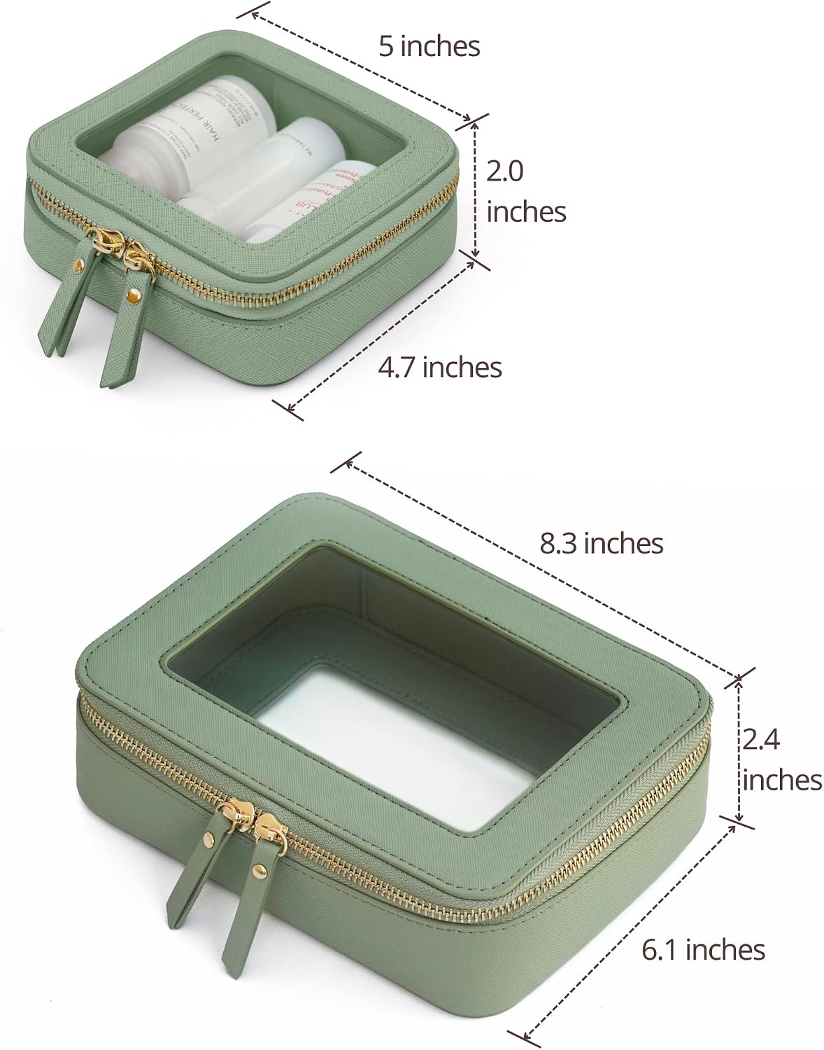 Popvibe Clear Makeup Bag with Zipper, Set of 2, Mini and Medium, Sage Green