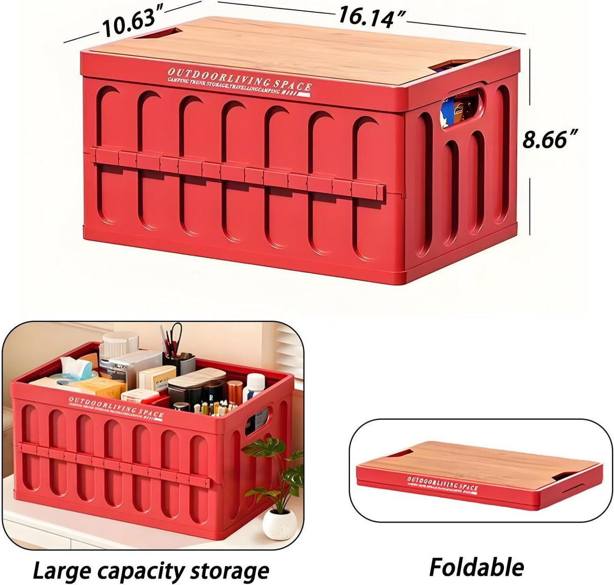 Collapsible Storage Bins Box with Lids and Handle, 25L Portable Storage Crate Containers Totes, Stackable Foldable Camping Basket Supplies for Camp Fishing,Car RV, Office, Outdoor (Red, 16.14")
