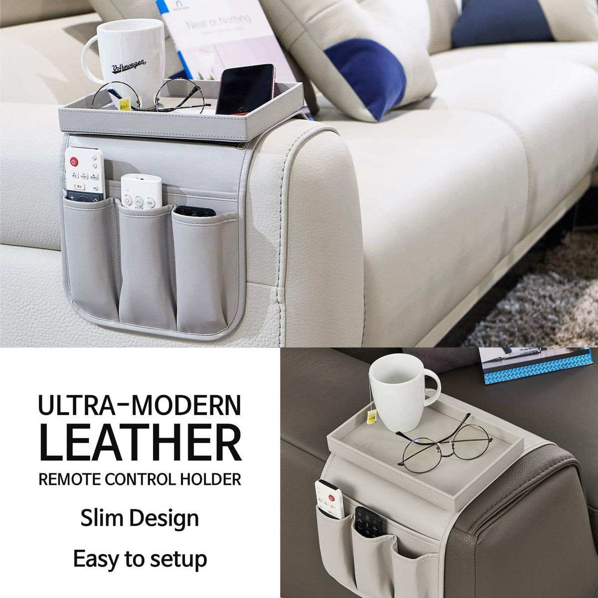Couch Remote Caddy Control Holder Sofa Synthetic PU Leather Organizer with Detachable Tray for Recliner Chair Armrests with 4 Slots - 1 Large Pockets and 3 Small Pockets (Grey)
