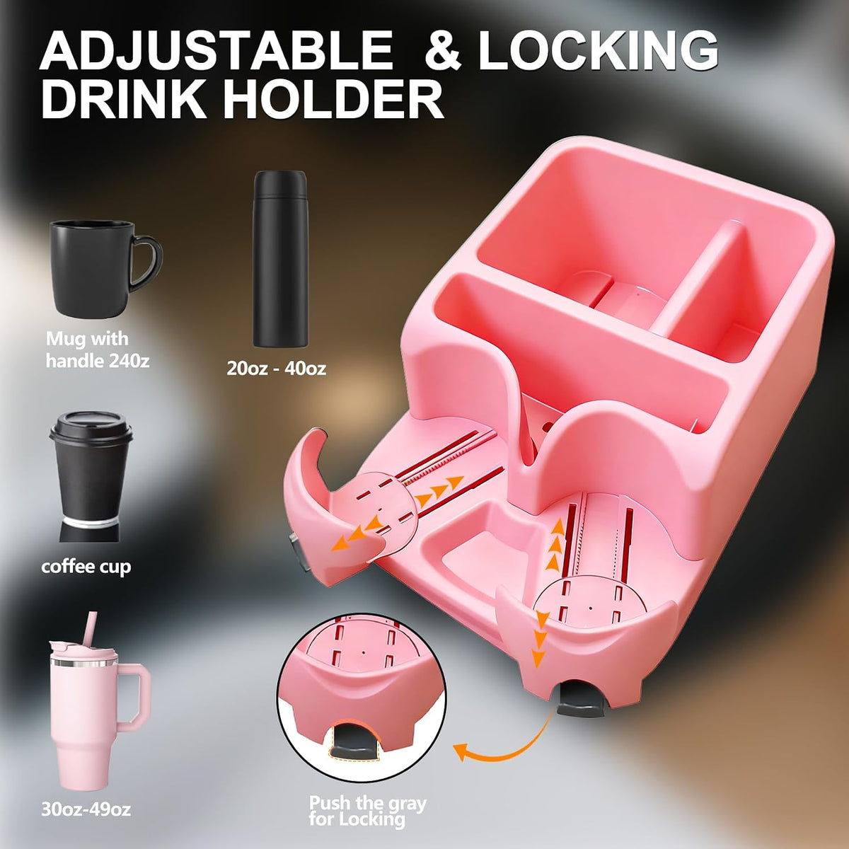 Car Center Console with Adjustable Cup Holders, Universal Center Console Organizer for Truck, Cars, Minivans, Suvs, Truck Floor Console, Bench Seat Center Console (Pink)