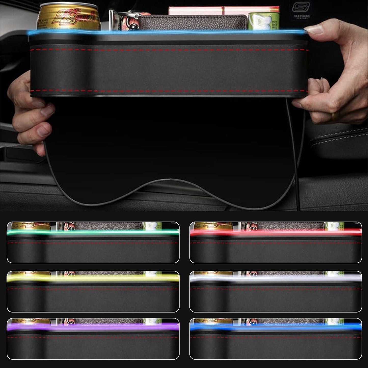 Car Seat Gap Filler Organizer, 2 Pack Multifunctional Car Seat Organizer, 7 Colours Changing LED Car Seat Seam Filler, Auto Console Side Storage Box with Cup Holders(BLACK)